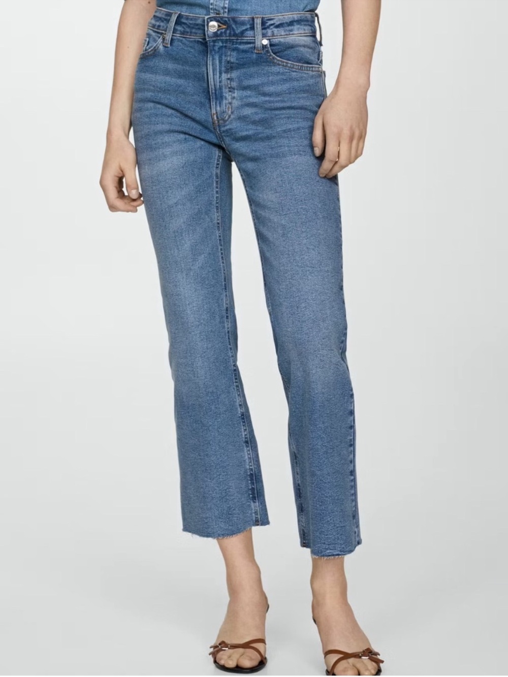 Mango MNG  Sienna Cropped Slim Flare Mid Blue High-Rise Jeans Raw Hem